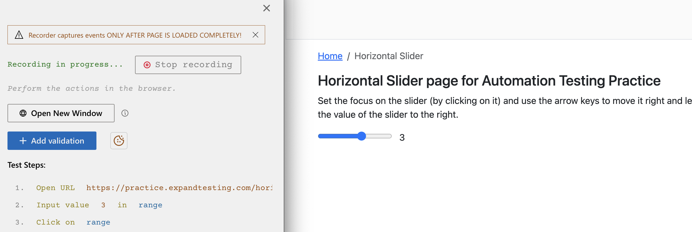 Record interacting with sliders using DevAssure